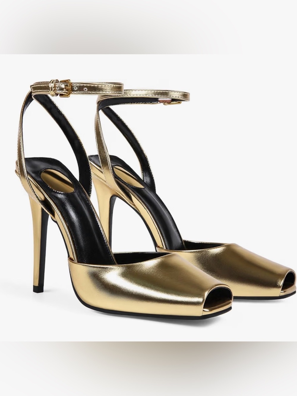 Brand New Gold Ankle-Strap Peep-Toe High Heels